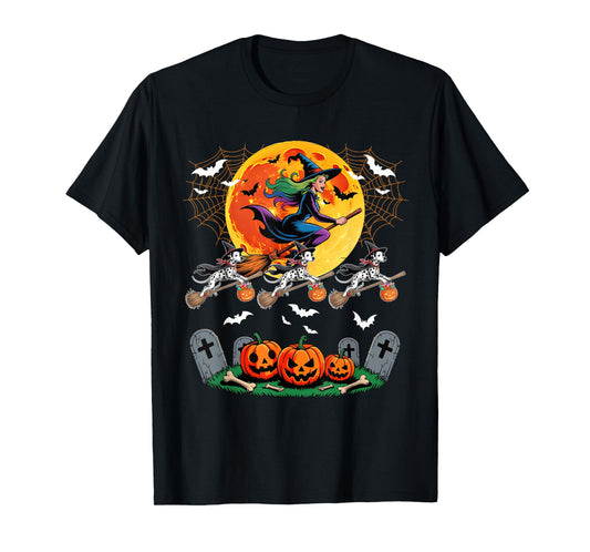 Dalmatians Cosplay Witch On Broomstick Halloween Owner T-Shirt