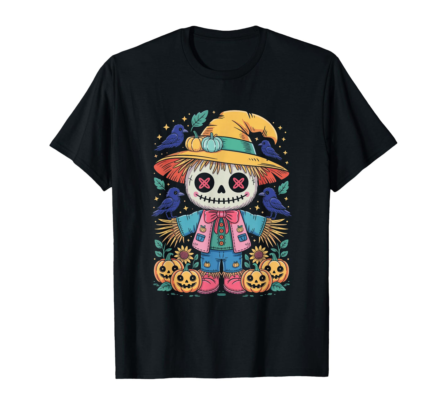 Scarecrow Skeleton Pastel Halloween Pumpkins Crows T-Shirt