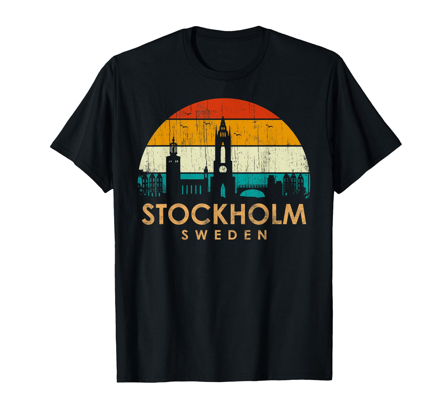 Vintage Retro Style Landscape Sun Skyline Stockholm Sweden T-Shirt