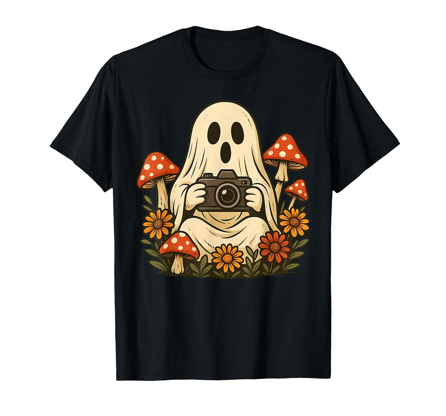 Vintage Fall Mushroom Ghost with Camera Woodland Halloween T-Shirt