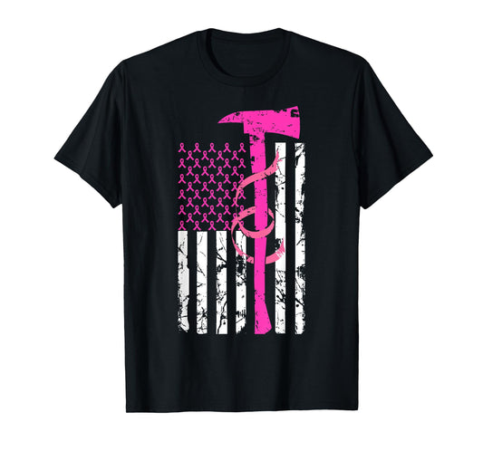 Firefighter Breast Cancer Awareness USA Flag Pink Ribbon T-Shirt