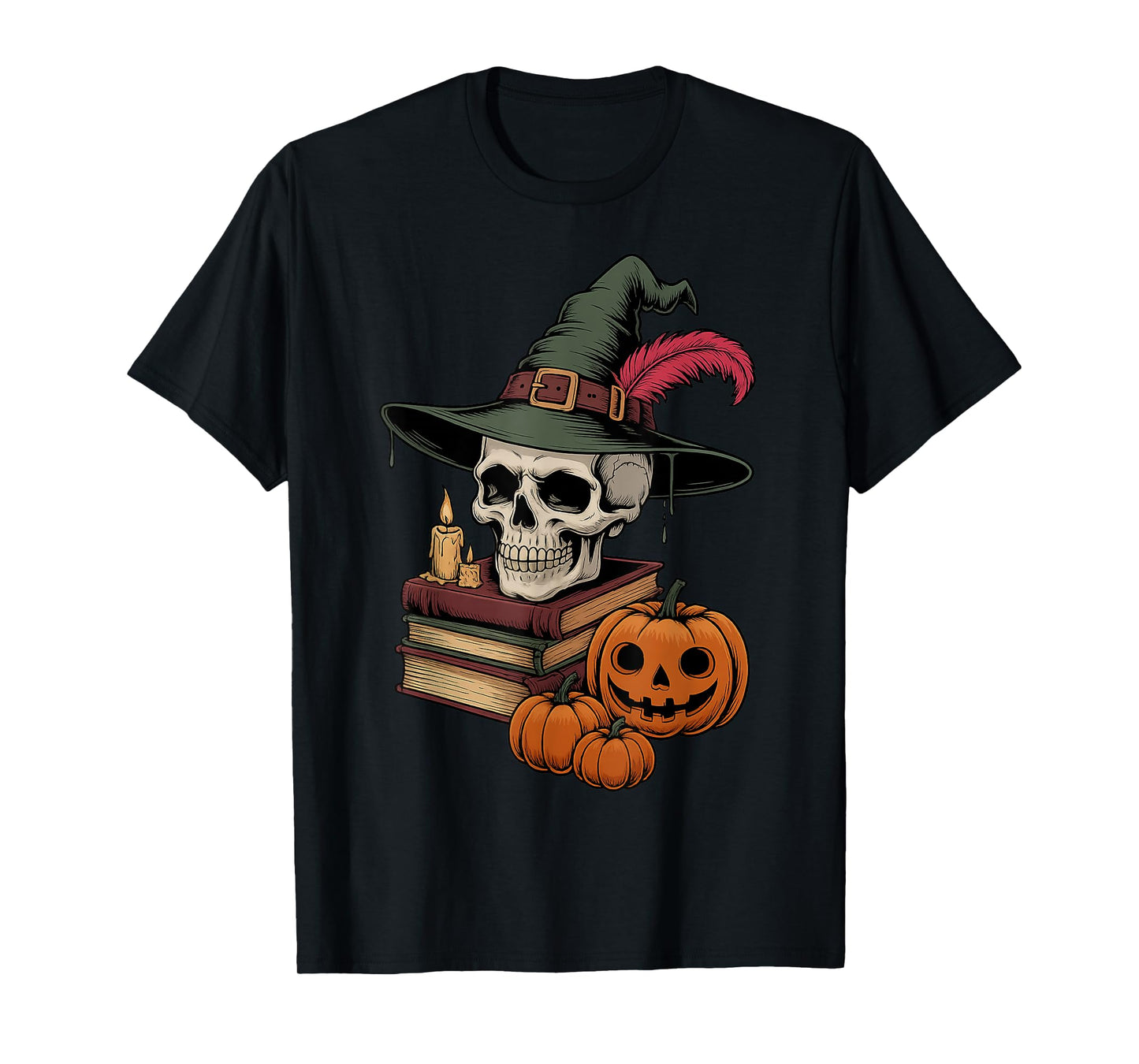Teacher Halloween Skeleton Skull Book Lover and Pumpkin Fall T-Shirt