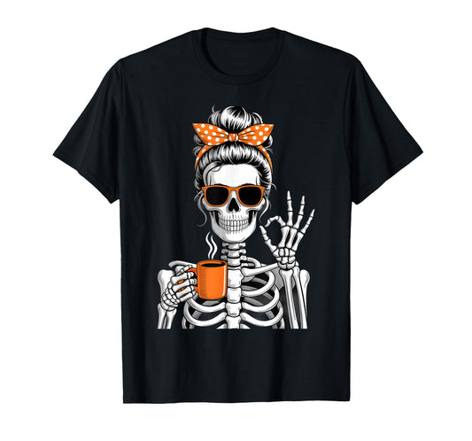Cool Skeleton Coffee Lady Funny Halloween Design T-Shirt
