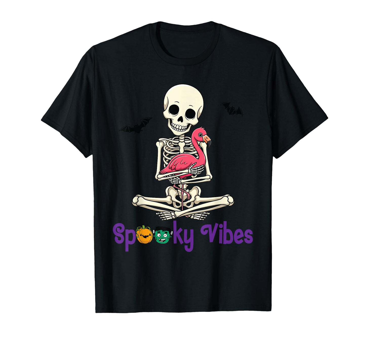 Skeleton Hugging Flamingo Cute Spooky Vibes Halloween Day T-Shirt