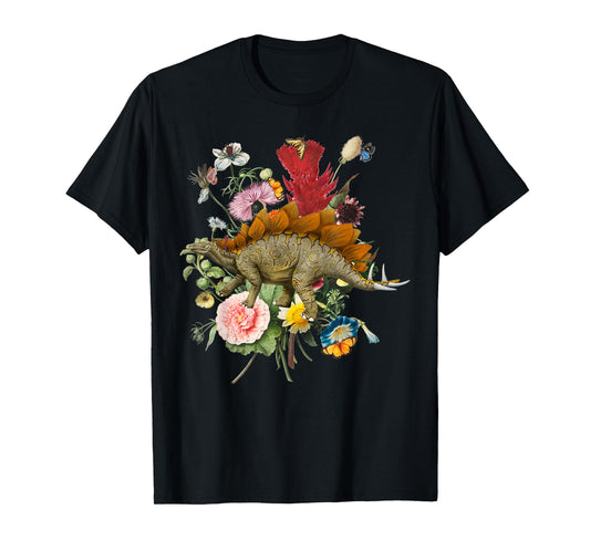 Cute Cottagecore Stegosaurus Dinosaur Flower Botanical Women T-Shirt