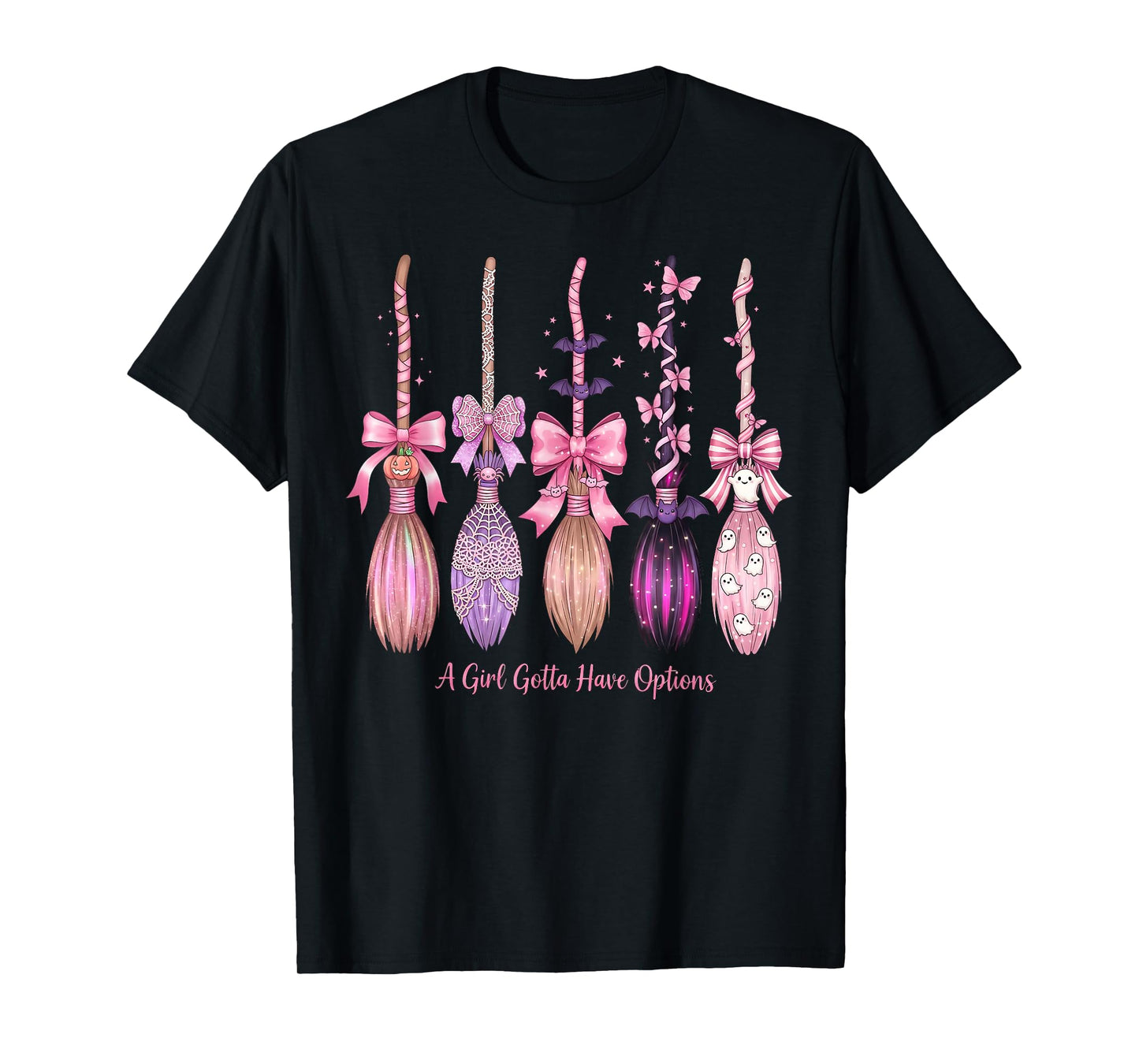 Halloween Pink Bow A Girl Gotta Have Options Witch Brooms T-Shirt