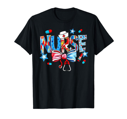 Coquette Bow Stethoscope Nurse 4th Of July Nursing Womens T-Shirt