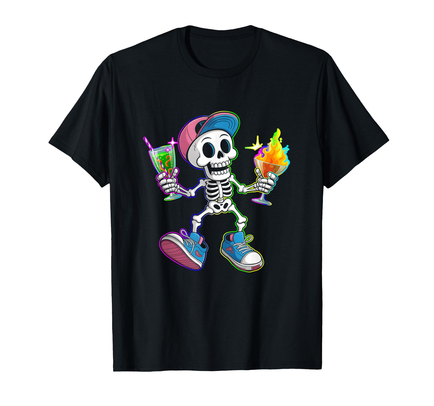 Halloween Skeleton Wear Hat Shoes Drinking Martini Cocktail T-Shirt
