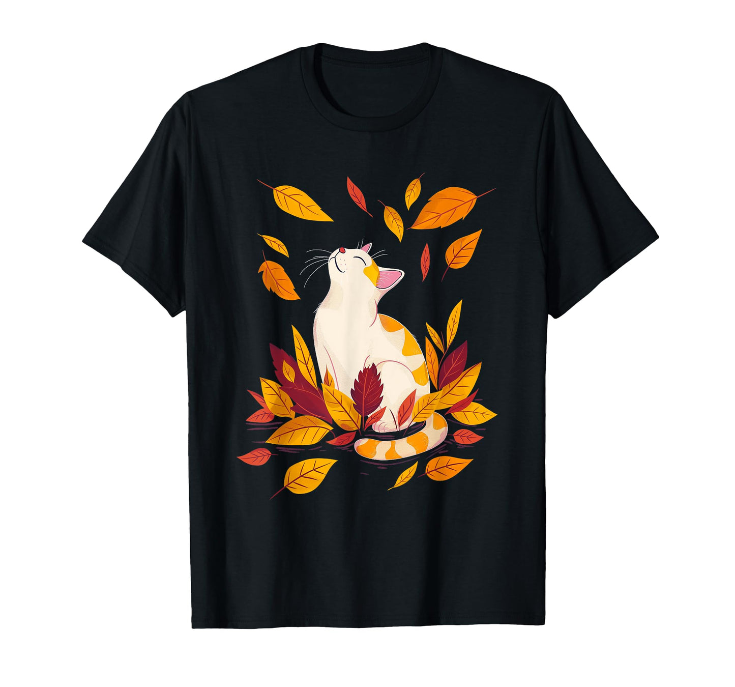 Cat Fall Leaf Tree Hello Autumn Thanksgiving T-Shirt