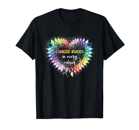 Cancer Sucks In Every Color Cancer Awareness Ribbons Heart T-Shirt