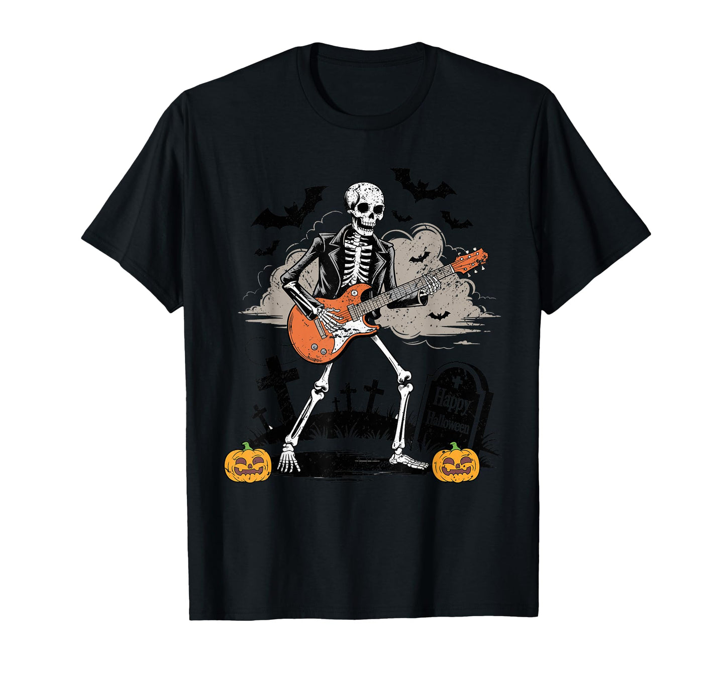 Skeleton Guitarist Rock with Pumpkins in Graveyard Halloween T-Shirt