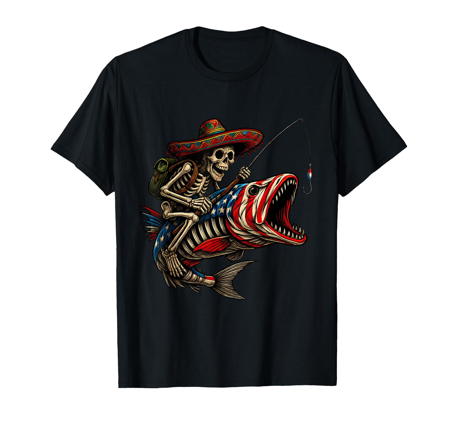 Fishing Mexican Sombrero Bass Fish Skull Skeleton Fisherman T-Shirt