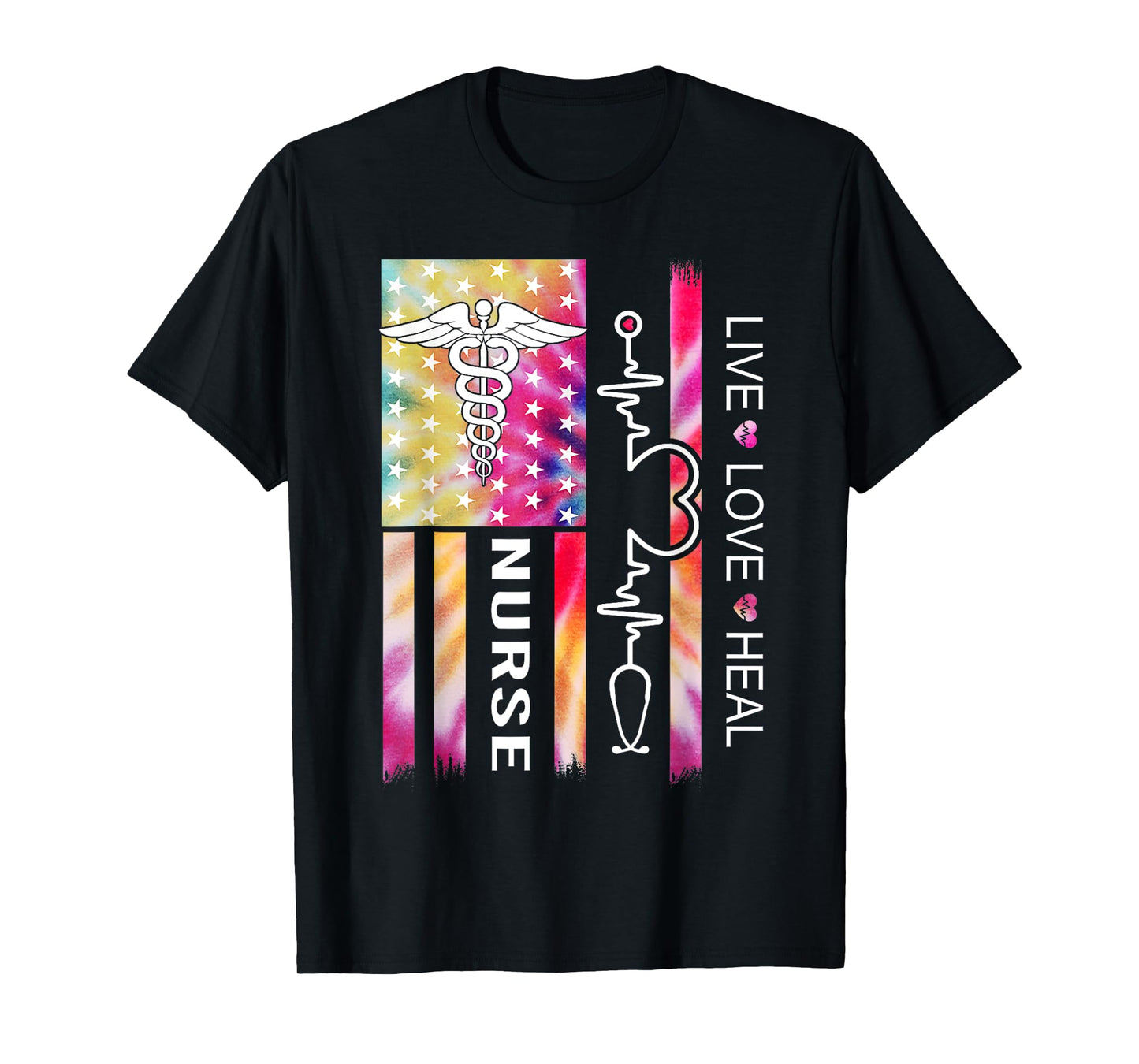 Tie Dye Nurse USA Flag Stethoscope Heartbeat American Nurse T-Shirt