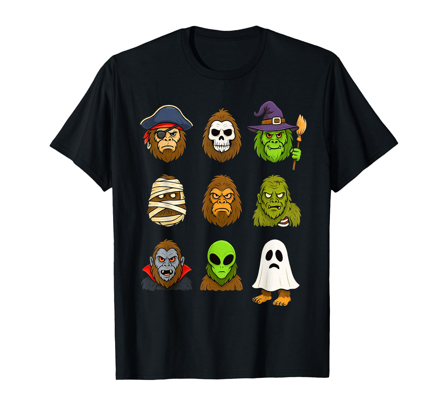 Halloween Bigfoot Skeleton Zombie Mummy Ghost Witch Vampire T-Shirt