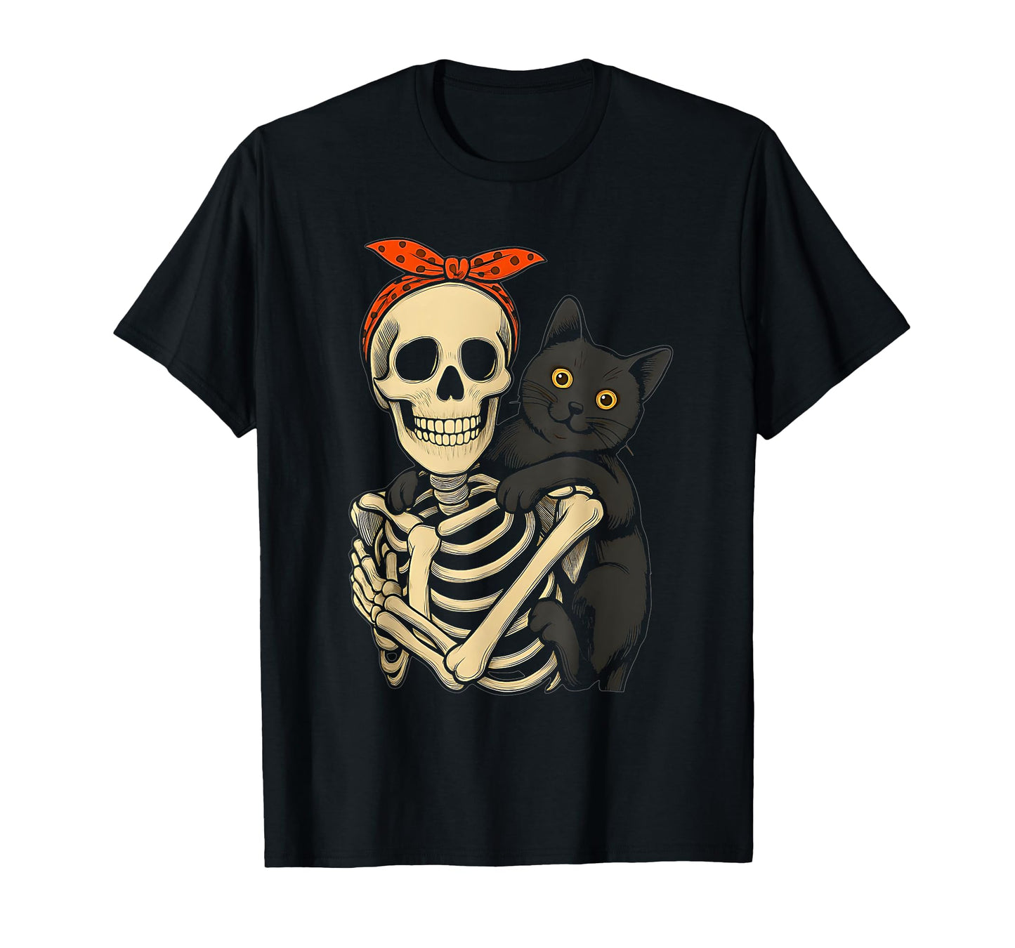 Skeleton Hugging Black Cat Halloween Cat Lover Mom Womens T-Shirt