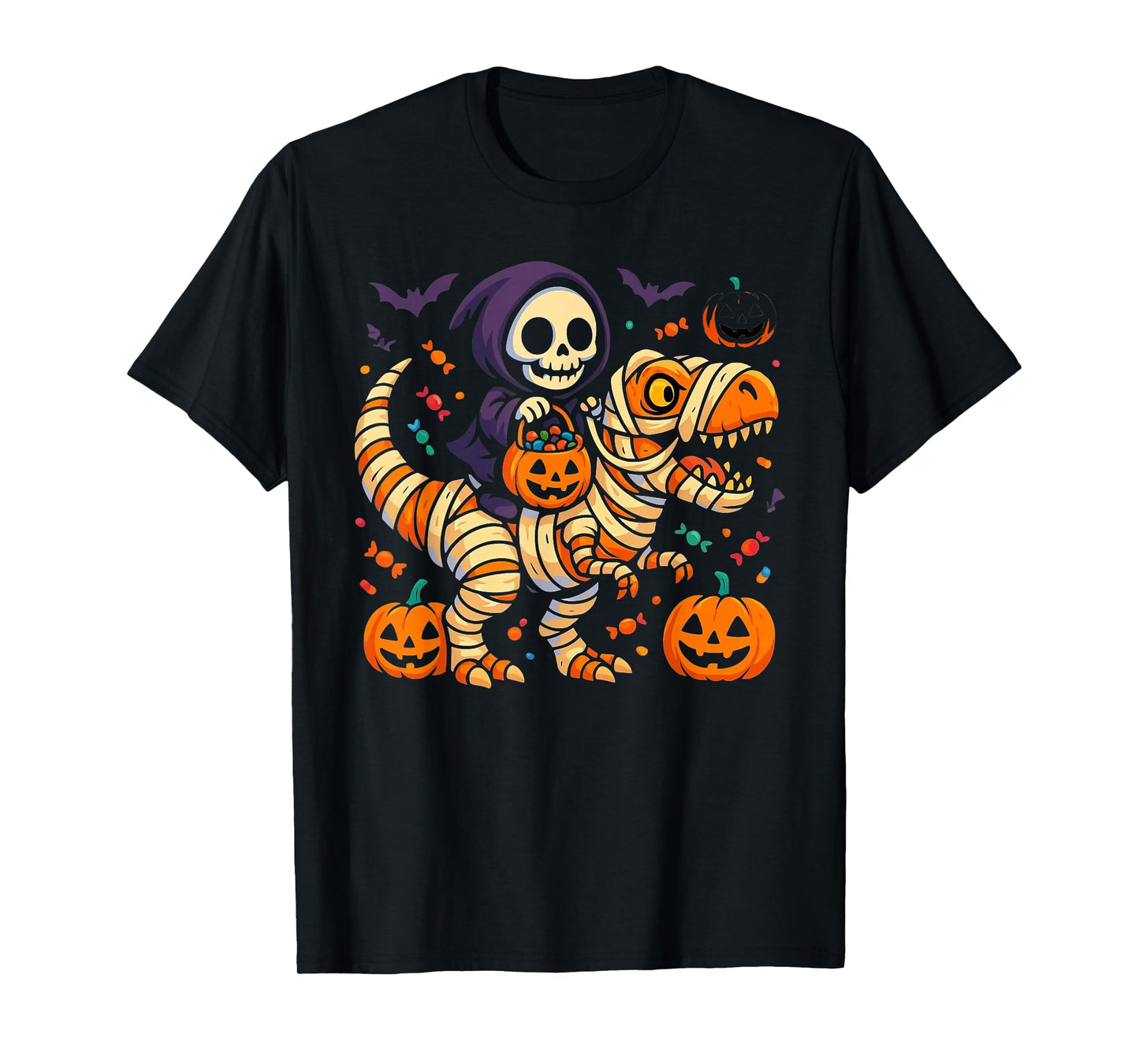 Skeleton Riding Mummy Dinosaur T Rex Pumpkin Funny Halloween T-Shirt
