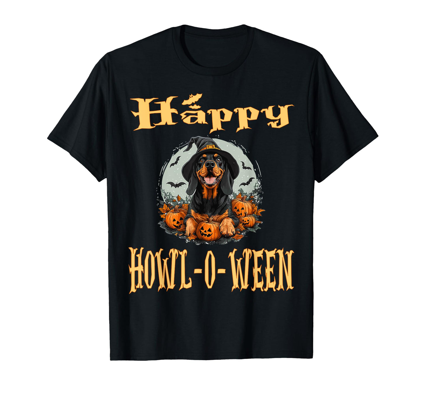 Black And Tan Coonhound Dog Whitch Hat Halloween Pumpkin Men Women Kids T-Shirt