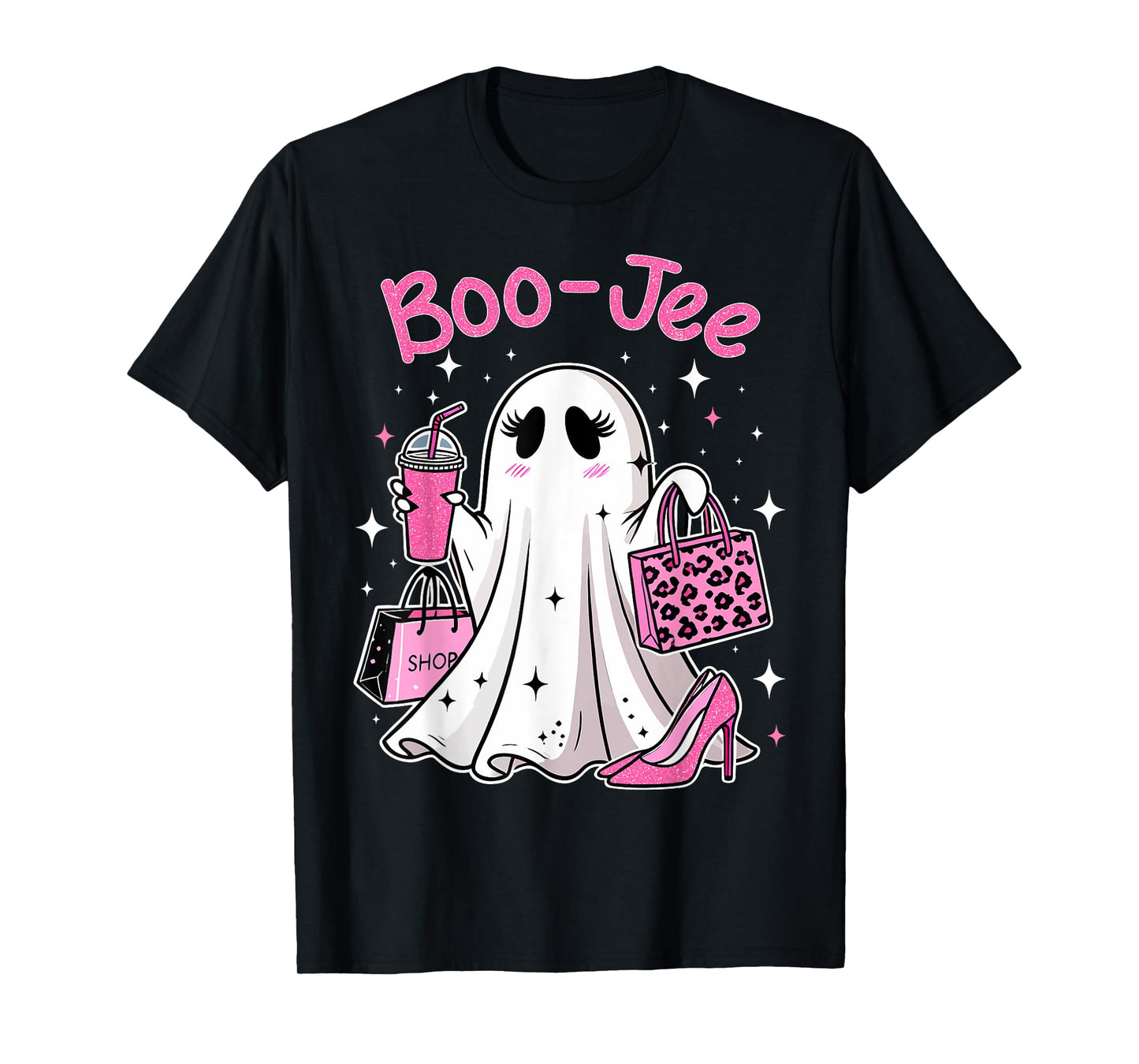 Preppy Boo-JEE Halloween Pink Ghost Leopard Women Girls T-Shirt