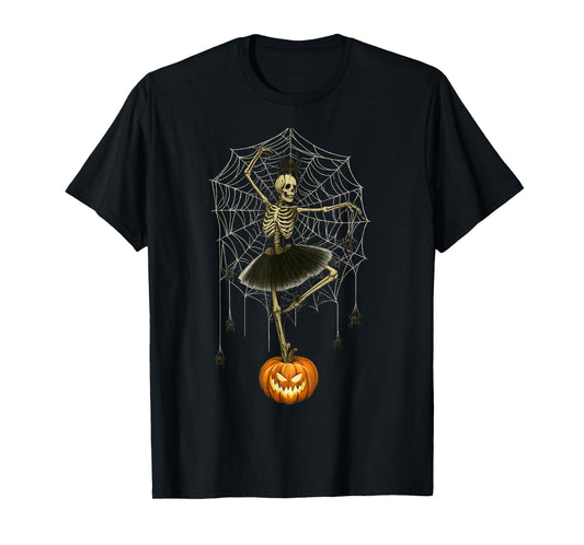Creepy Skeleton Ballerina with Spider Web and Pumpkin T-Shirt