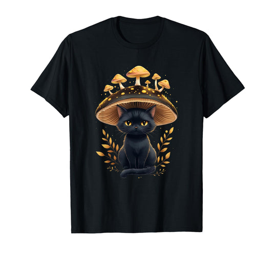 Cute Cottagecore Aesthetic Black Cat Mushroom Women Kids T-Shirt