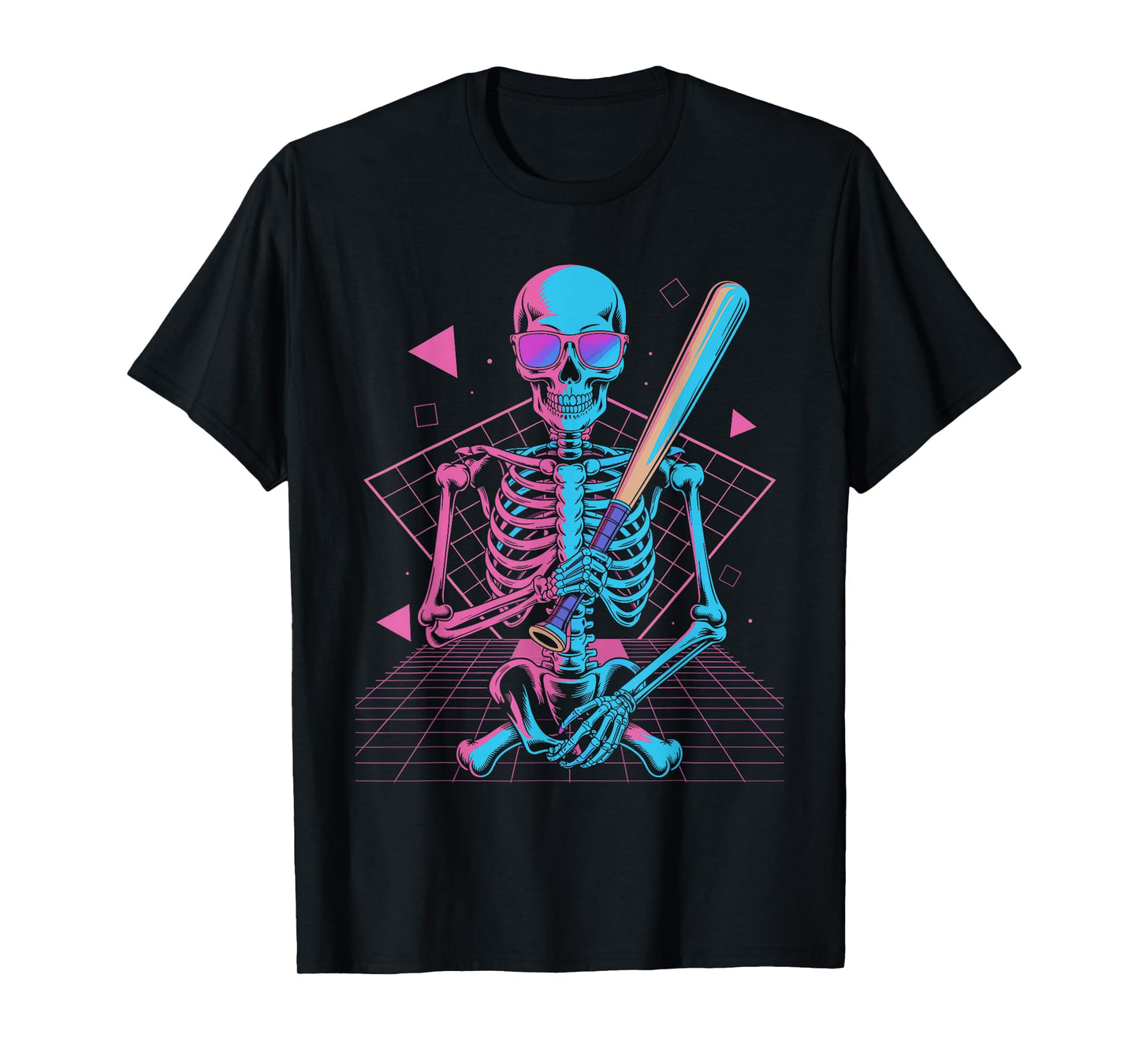 Retro 80s Skeleton Baseball Graphic Vaporwave T-Shirt