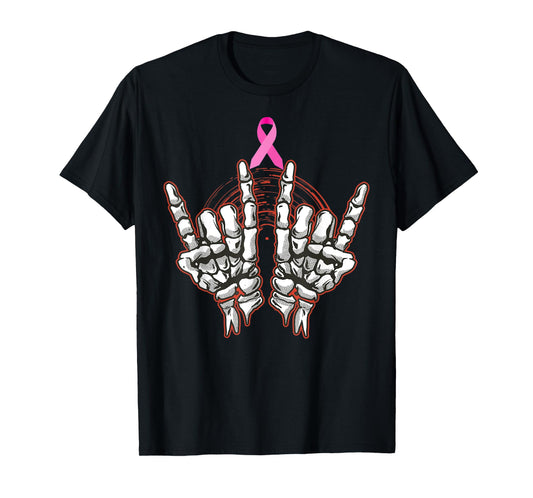 Skeleton Rock On Breast Cancer Awareness 2022 Pink Ribbon T-Shirt