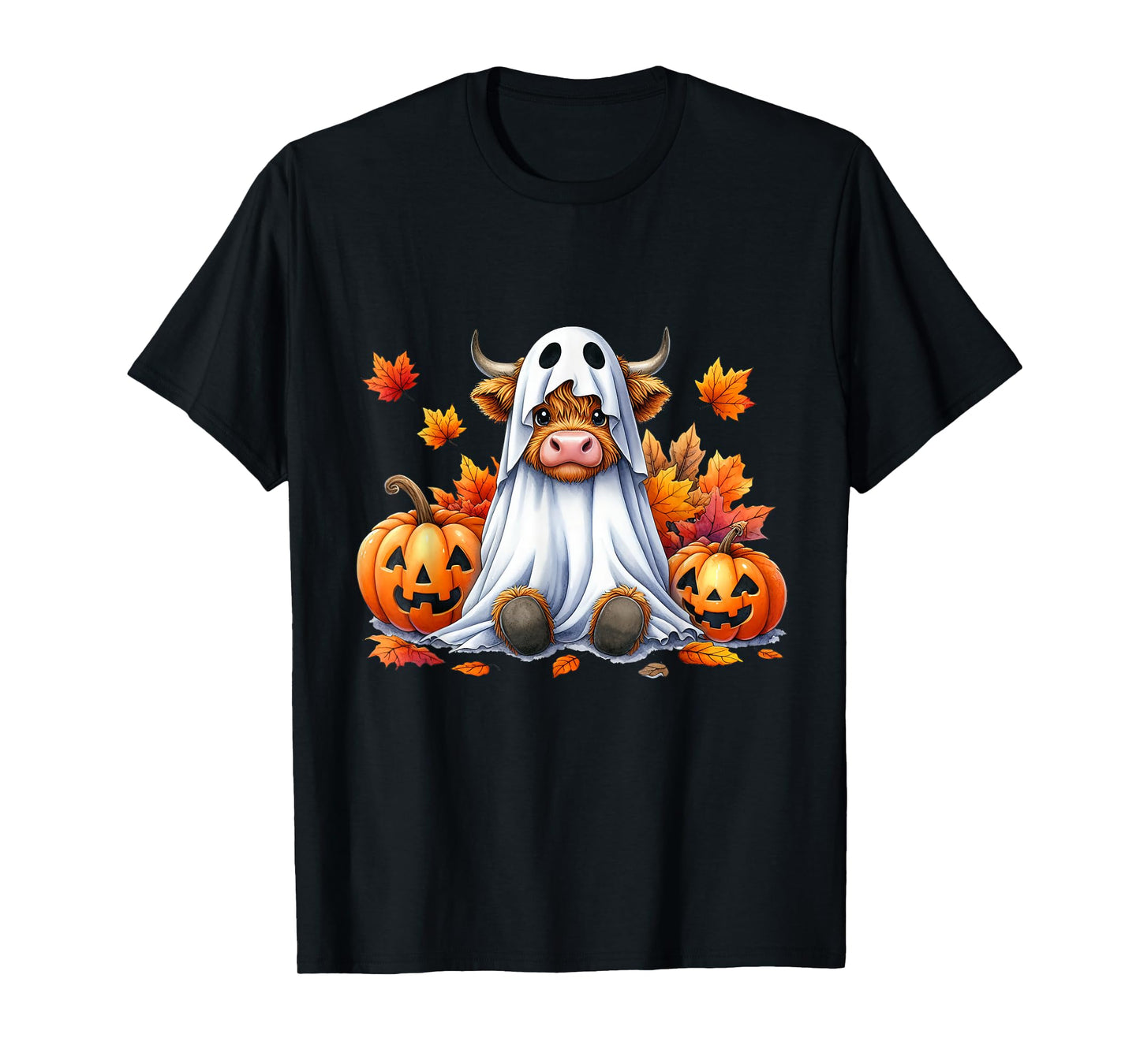 Funny Halloween Highland Cow Ghost Spooky Pumpkin Hello Fall T-Shirt