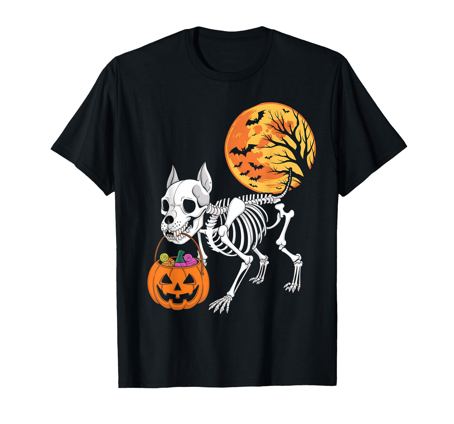 Funny Pitbull Dog Skeleton Scary Pumpkin Moon Halloween T-Shirt