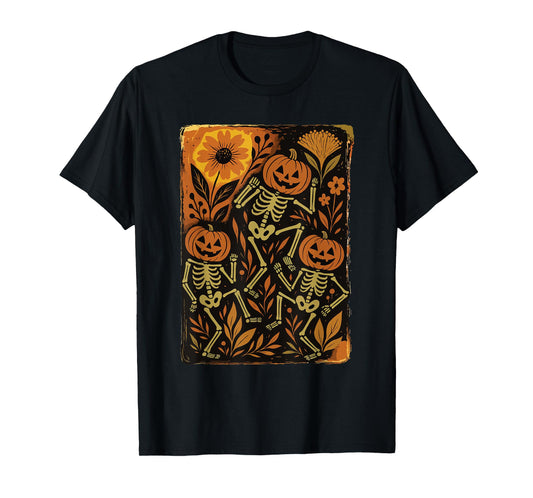 Dancing Pumpkin Skeleton Funny Halloween Fall Spooky Season T-Shirt