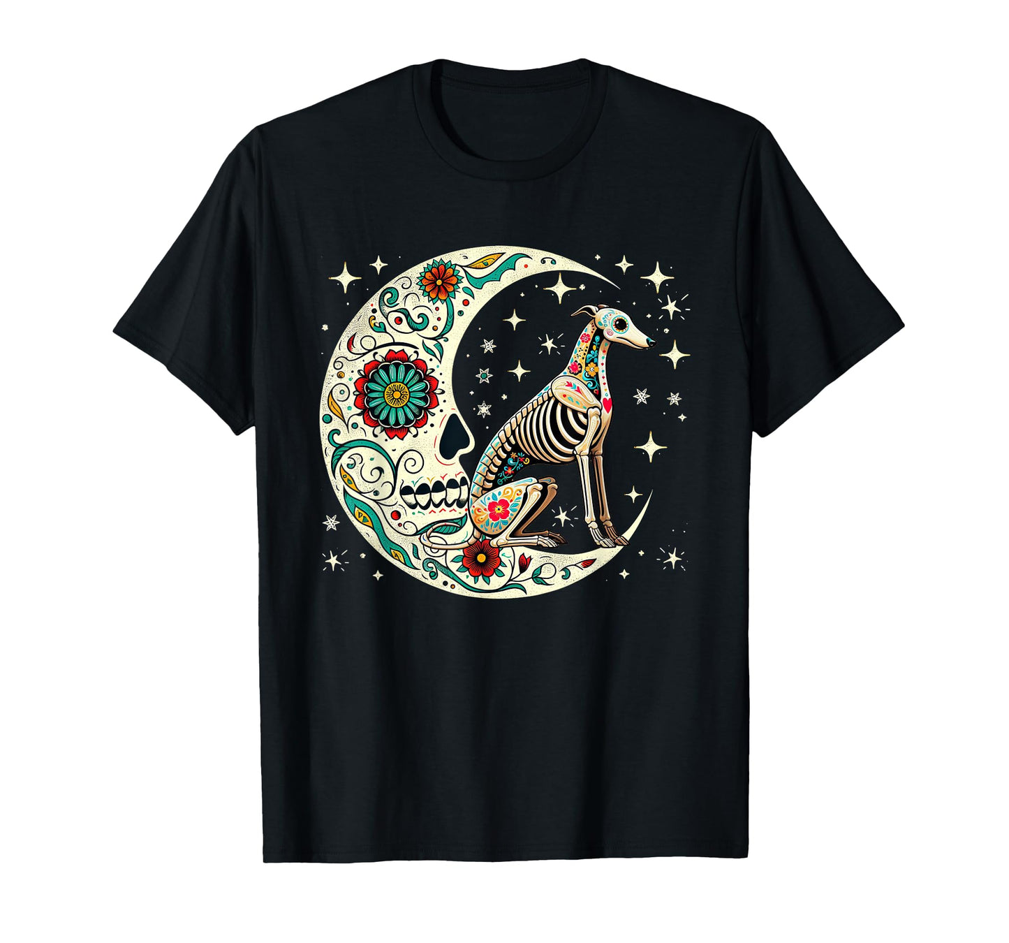 Dia De Los Muertos Halloween Moon Floral Skeleton Whippet T-Shirt