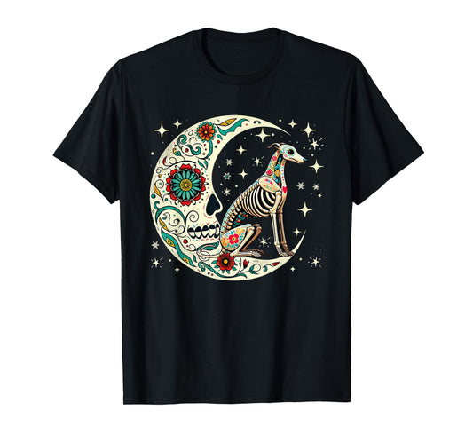 Dia De Los Muertos Halloween Moon Floral Skeleton Whippet T-Shirt
