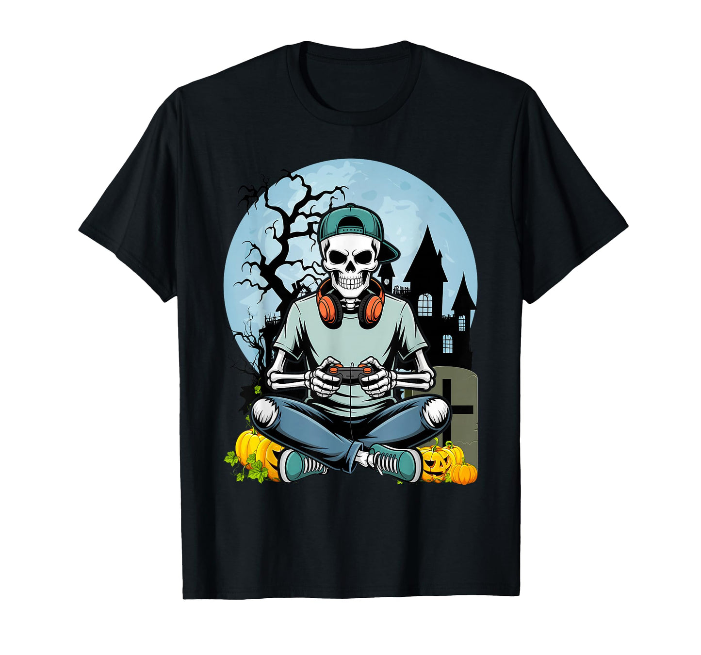 Halloween Skeleton Gamer Funny Video Games Boys Kids Men T-Shirt