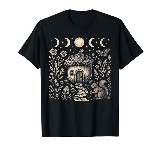 Acorn House and Squirrel Dark Cottagecore Goblincore T-Shirt