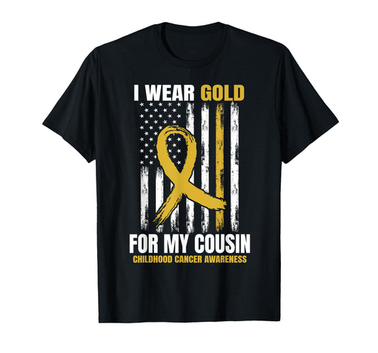 I Wear Gold Cousin Childhood Cancer Awareness American Flag T-Shirt