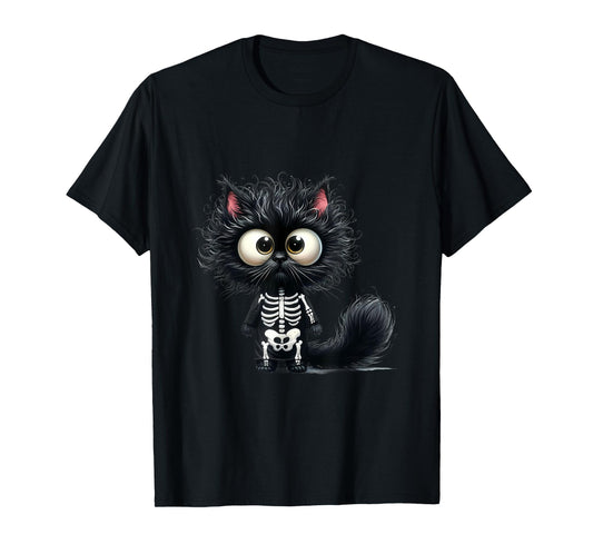 Cute cat Kitten Halloween Black Skeleton Cartoon T-Shirt