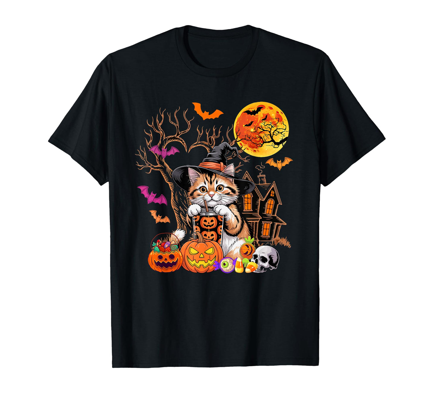 Cat As Witch Drinking Coffee Halloween Carved Pumpkin T-Shirt