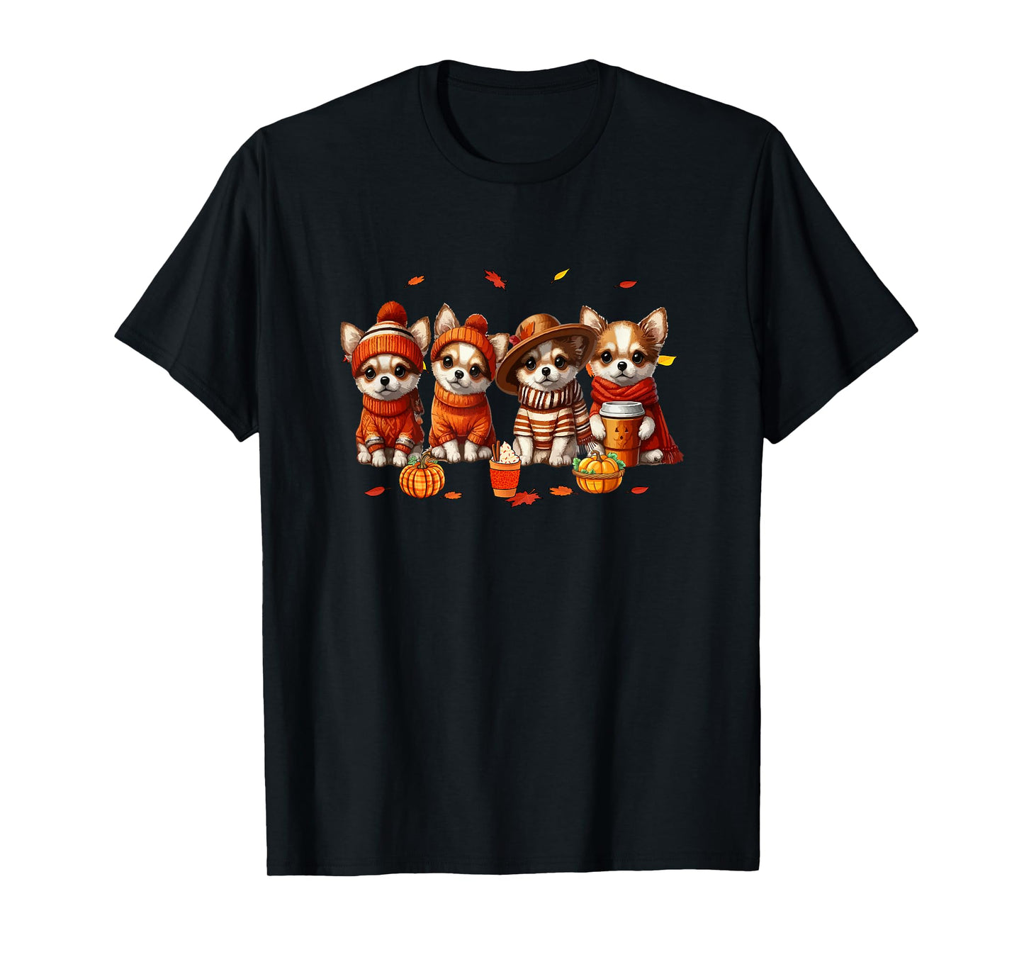 Group Chihuahuas Thanksgiving Pilgrim Fall Leaves Pumpkins T-Shirt