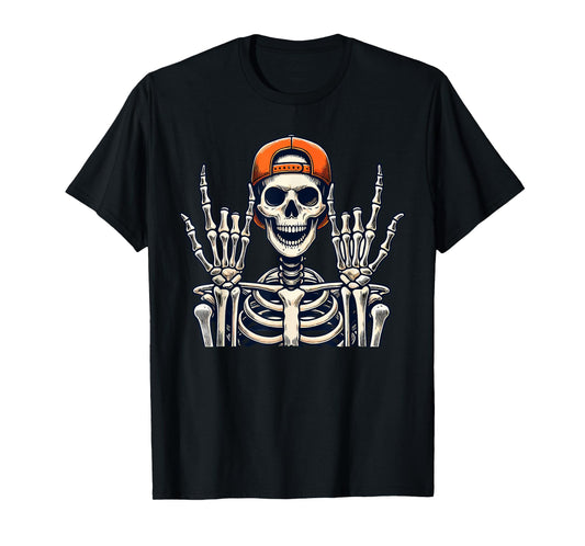 Rocker Skeleton Cap Skater Cool Halloween Punk Rock Men Boys T-Shirt