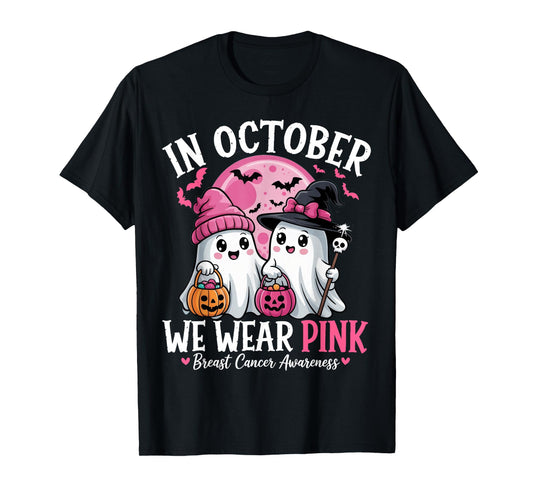 in October We Wear Pink Ghost Witch Breast Cancer Awareness T-Shirt