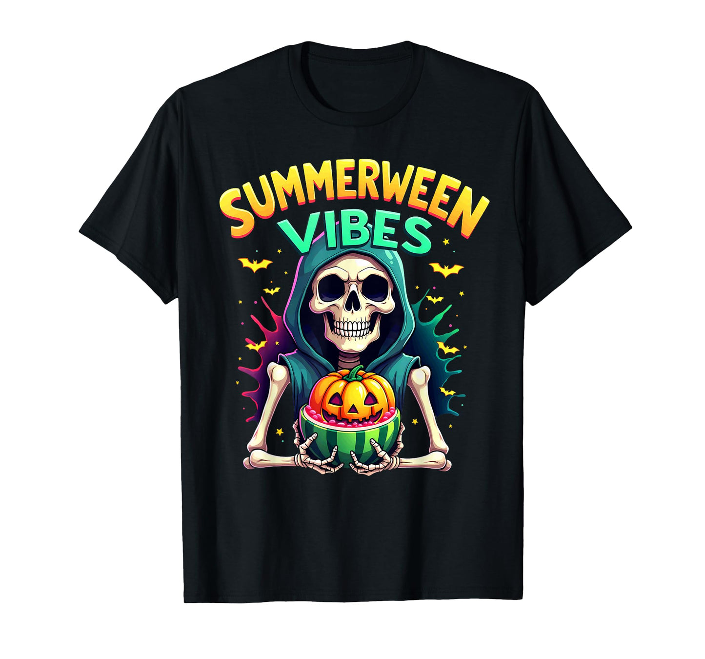 Ghost Skeleton Eating Watermelon Summerween Vibes T-Shirt