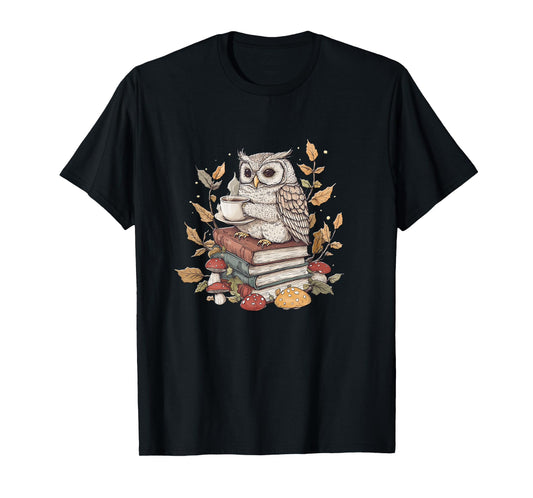 Cute Owl Sitting On Books With Coffee - Cottage Core T-Shirt
