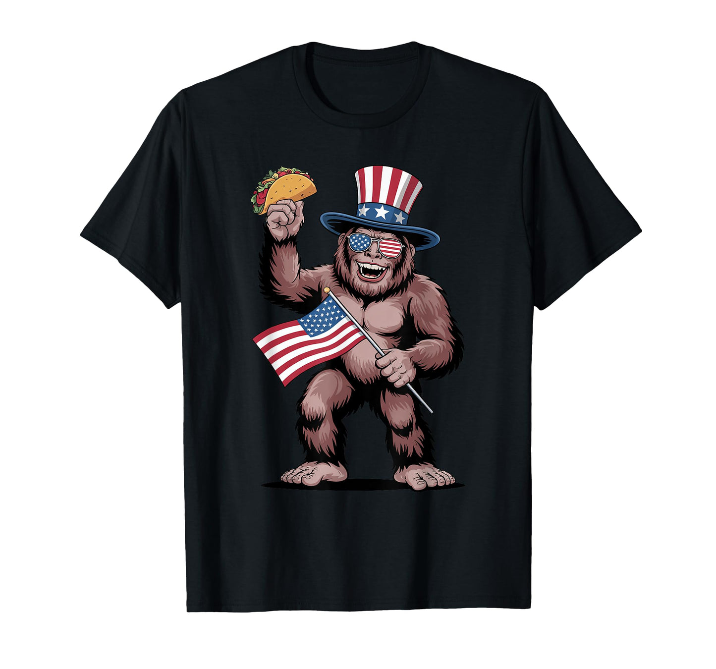 Patriotic Bigfoot Holding Taco with USA Flag Funny July 4th T-Shirt