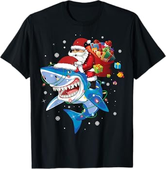 Santa Claus riding shark lover Merry Christmas Xmas T-Shirt
