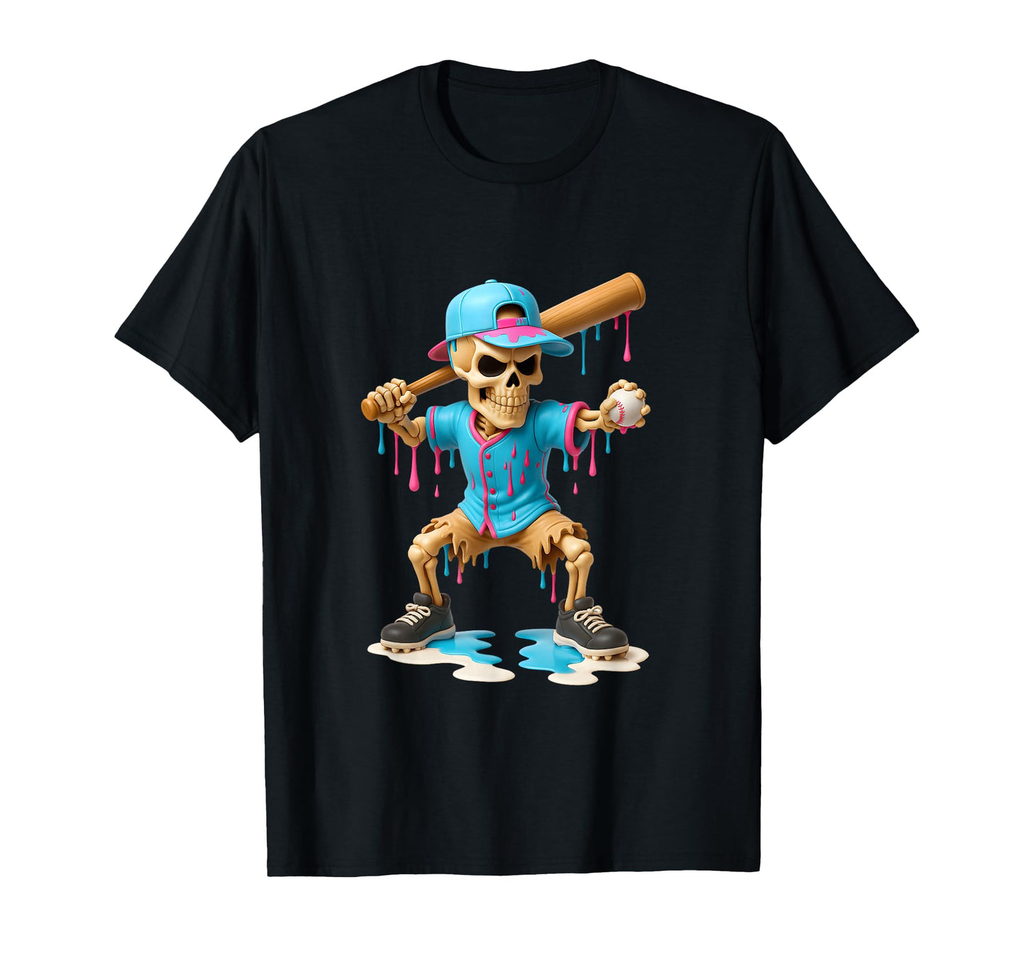 Halloween Baseball Skeleton Ice Cream Drip Baseball Dripping T-Shirt