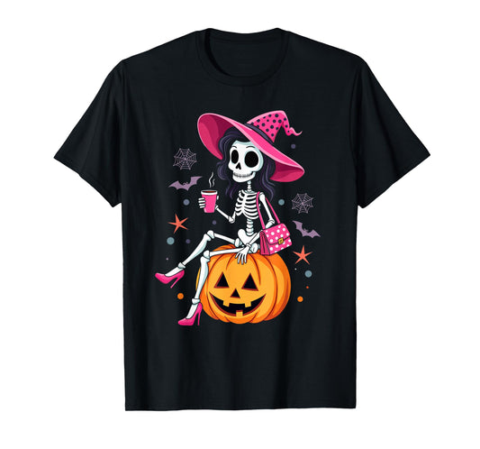 Cute Skeleton Drinking Coffee Halloween Costume Women Girls T-Shirt