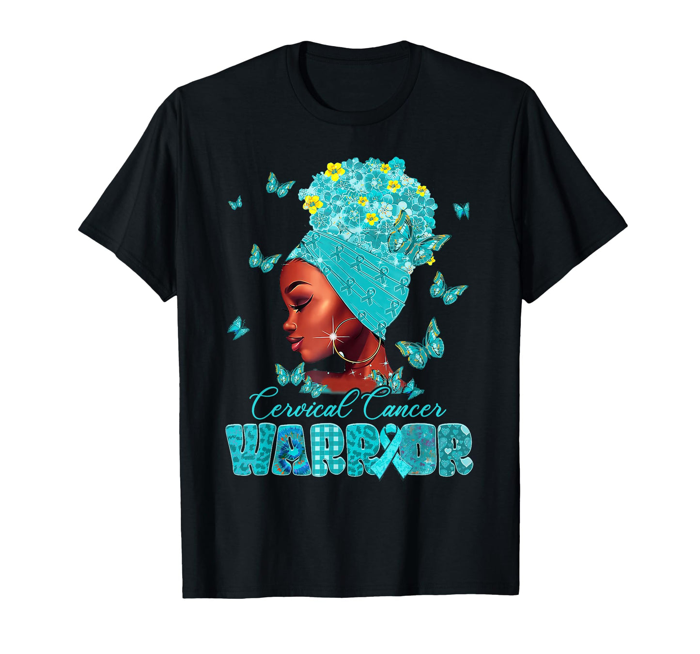 Cervical Cancer Warrior Messy Bun Black Women Teal Survivor T-Shirt