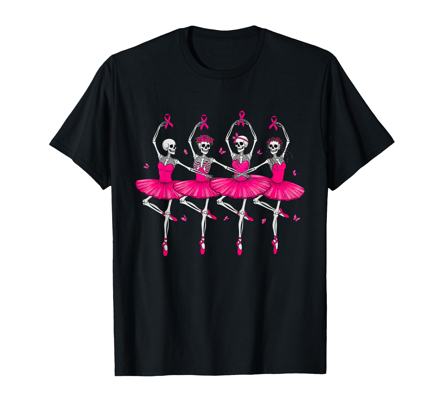 Pink Ribbon Breast Cancer Skeletons Dancing Ballerina Women T-Shirt
