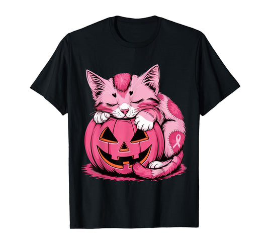 Cute Pink Cat Hugging Pumpkin Breast Cancer Awareness Kitten T-Shirt