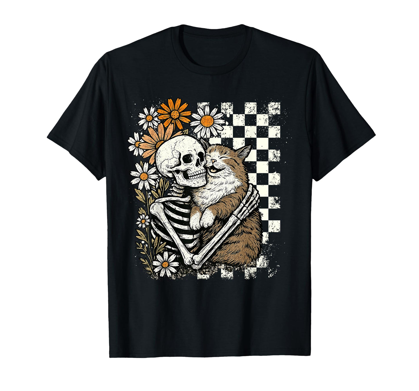 Skeleton Hugging Cat Floral Halloween Cats Lover Mom Mama T-Shirt