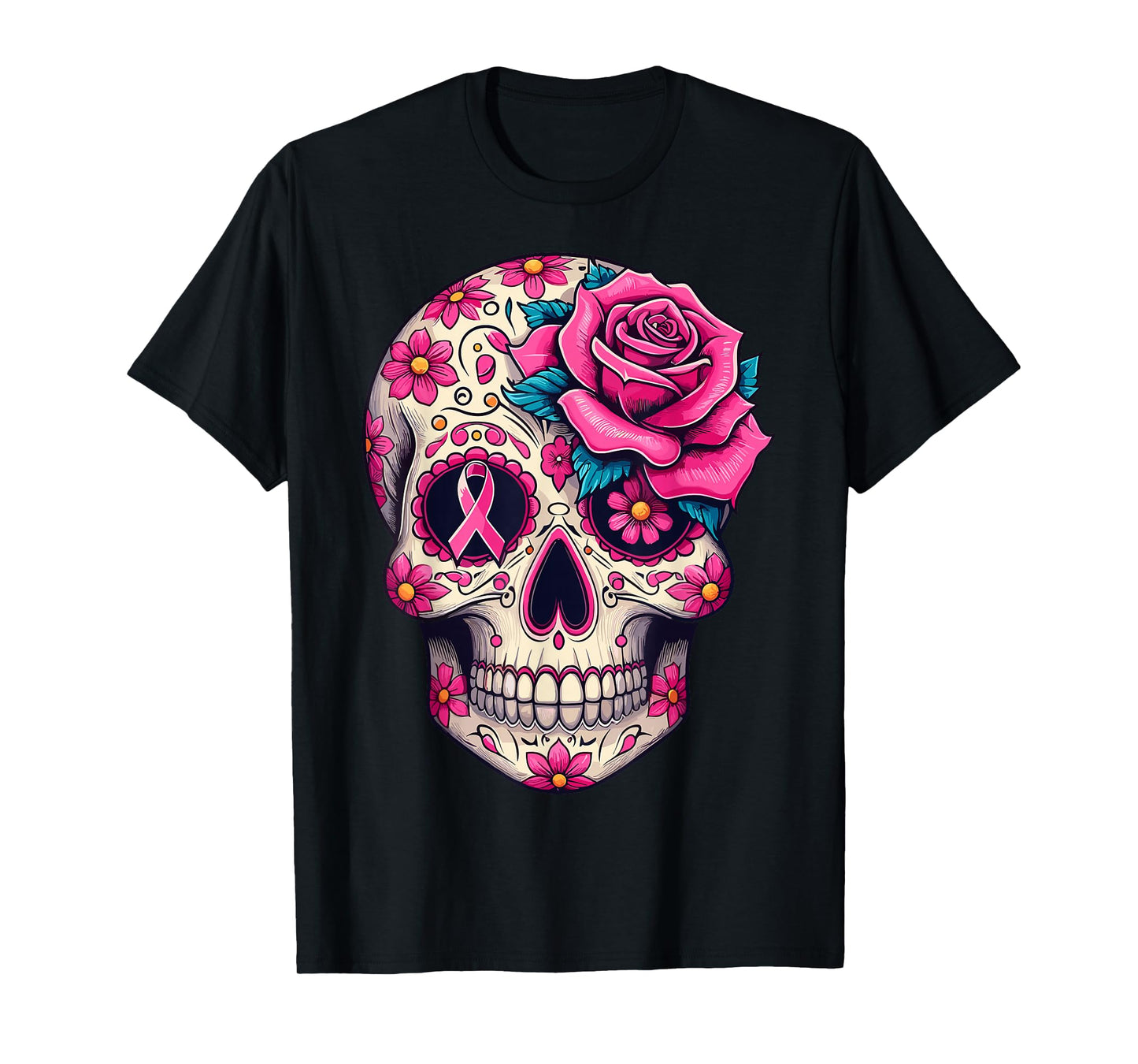 Sugar Skull Pink Ribbon Calavera Breast Cancer Awareness T-Shirt